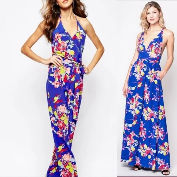 NWT Yumi Kim Floral Halter Wide Leg Jumpsuit in Royal Blue, Size - Picture 2 of 9